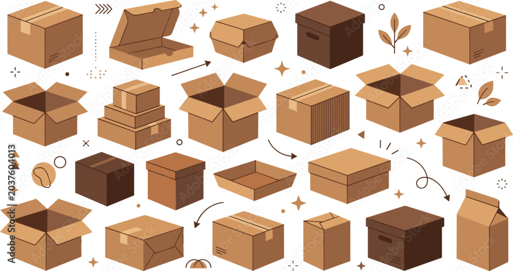 Fototapeta premium Cardboard Box Vector Set Featuring Kraft Paper Delivery Cartons Open and Closed Shipping Packages for Warehouse Logistics and Ecommerce Graphic Designs