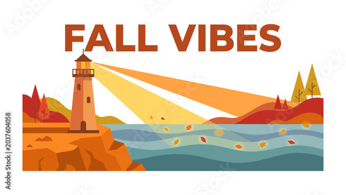Autumnal Lighthouse Scene: A vibrant illustration depicting a lighthouse casting its beams across a calm sea under an autumn sky.