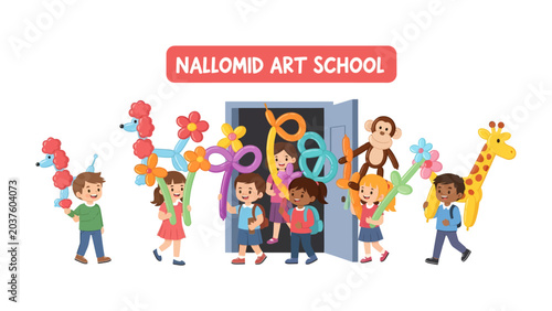 Canvastavla Artistic Endeavors Unveiled: Young artists joyfully depart an art school, clutching vibrant balloon creations ranging from playful animals to whimsical flowers, eager to share their imaginative flair