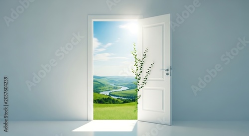 Open White Door to Green Landscape with River and Blue Sky