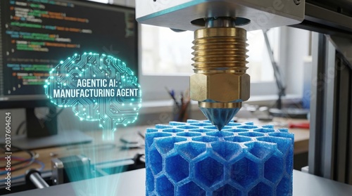 Advanced agentic AI manufacturing agent concept showing a smart 3D printer creating a complex blue honeycomb structure.