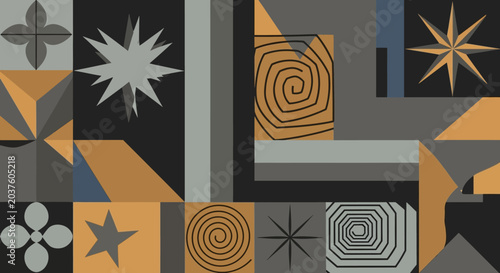 Geometric Abstract Pattern with Stars and Spirals in Grayscale and Orange