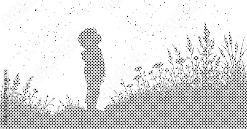 Slika na platnu Child silhouette in a field of wildflowers, a nostalgic black and white halftone