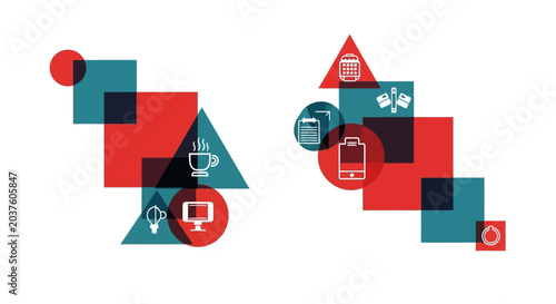 Business icons and geometric shapes montage, modern design
