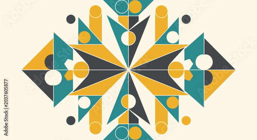 Geometric Abstract Pattern - Teal, Gold, Dark Grey, Cream Background