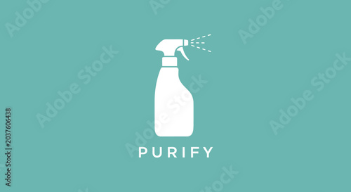 Schilderij op canvas White spray bottle with 'PURIFY' text on teal background, cleaning concept