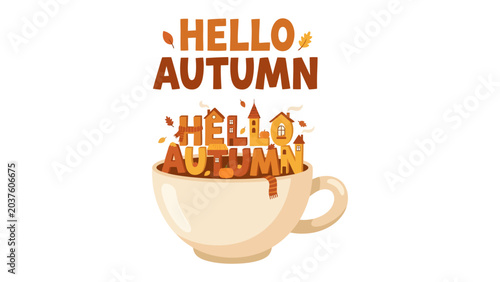 Φωτογραφία Warm Autumn Embrace: A whimsical coffee cup overflowing with autumn-themed elements, featuring the text Hello Autumn in warm, inviting tones, conjuring the cozy feeling of the season