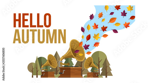 Schilderij op canvas Hello Autumn Soundscape: Gramophones emit a cascade of colorful autumn leaves, a whimsical celebration of the changing season and its melodic embrace