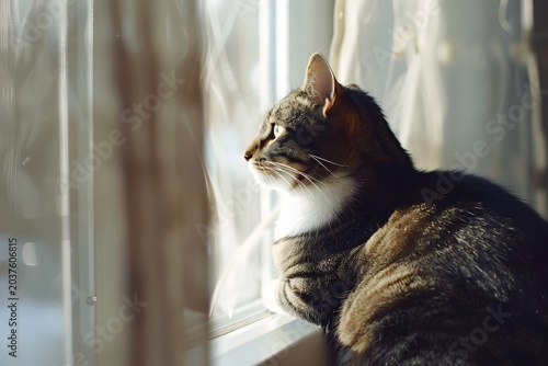 realistic cat sitting by window watching outside, soft daylight, peaceful indoor scene, minimal composition, high detail, lifestyle stock image