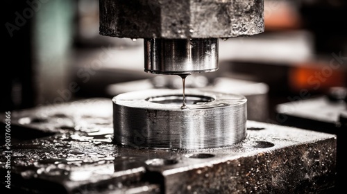 Industrial hydraulic pump actuator piston extending, engaged with metal component, showcasing precision engineering.