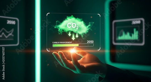 Hand holding futuristic CO2 carbon management interface with 2050 deadline