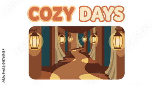 Bild auf Leinwand Cozy Days Illustration: A warm and inviting illustration depicting a dimly lit hallway with soft ambient light emanating from lanterns