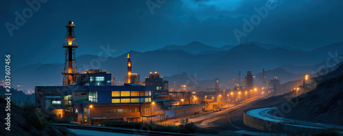 Industrial plant factory refinery night smoke stack city mountain roadway rare earth minerals fuel heavy industry under blue dusk