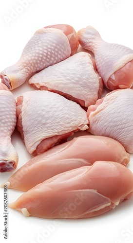 Raw chicken breast fillets thighs and drumsticks on white background