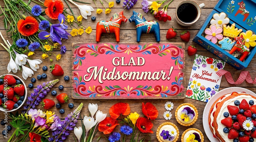 Fototapeta premium Glad Midsommar! Colorful Swedish Midsummer Celebration With Flowers, Strawberries and Dala Horses