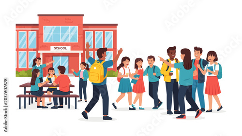 Tableau sur toile Schoolyard Gathering: Diverse students interact and socialize outside a vibrant school building, showcasing the dynamic atmosphere of student life and friendship