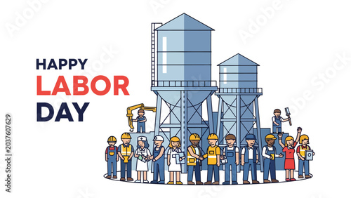 Foto Workers Unite: A diverse group of laborers and professionals stand together in solidarity before industrial silos, celebrating Labor Day with pride and unity