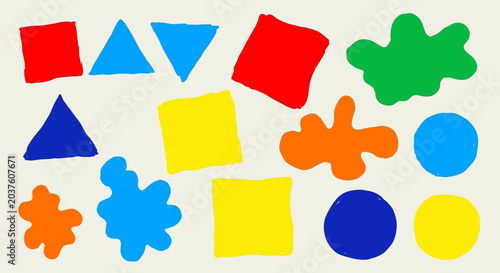 Colorful Hand-Drawn Shapes: Squares, Triangles, Circles, Blobs