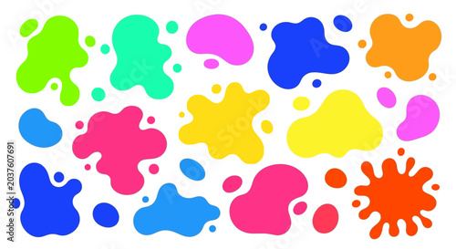 Colorful Paint Splatters and Blobs on White Background