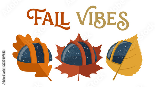 Schilderij op canvas Fall Vibes with Cozy Pods: Experience the cozy allure of autumn with these stylized leaf-shaped pods, each housing a starry night sky, perfect for embracing the season's charm