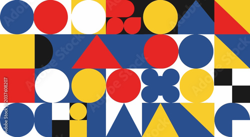 Geometric Abstract Pattern: Red, Blue, Yellow, White, Black Squares, Circles, Triangles