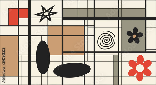 Geometric abstract art, modern design, organic shapes, neutral colors