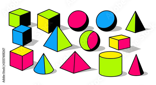Geometric Shapes 3D Objects Colorful Blocks Cubes Cones Cylinders