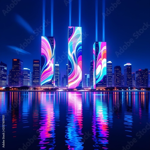 night city skyline with waterfront reflections of vibrant light displays