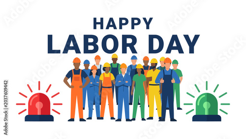 Obraz na płótnie Happy Labor Day Greeting: A diverse group of workers stands united, celebrating Labor Day with a message of solidarity and appreciation for their contributions