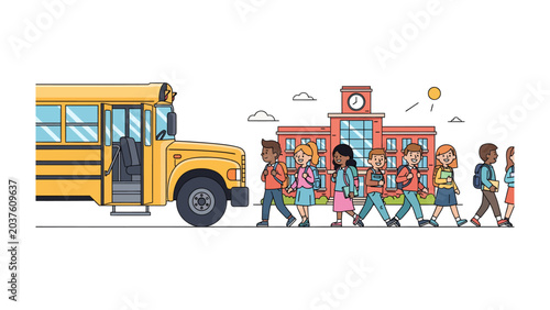 Bild auf Leinwand School Bus Arrival: A vibrant illustration depicts a line of diverse schoolchildren, backpacks ready, disembarking a yellow school bus and walking towards their school building