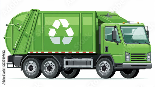green recycling garbage truck with symbol on side for waste collection and environmental protection in industrial setting