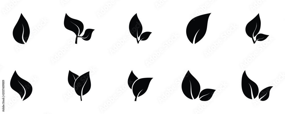Obraz premium Simple black leaves plant eco friendly symbol. Organic leaves icon isolated on white background. Vector illustration.
