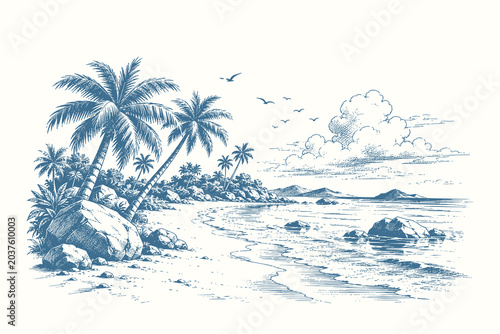 Engraved tropical coastline vector illustration set with detailed beach landscapes, island scenery, palm trees and natural seaside views