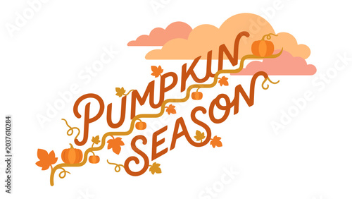 Photos Pumpkin Season Greeting: Whimsical lettering proclaims Pumpkin Season, adorned with playful pumpkins, falling leaves, and soft, cloud-like shapes, evoking the cozy spirit of autumn