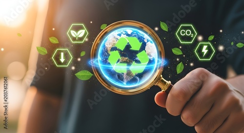 Magnifying glass over earth with recycling symbol and eco icons