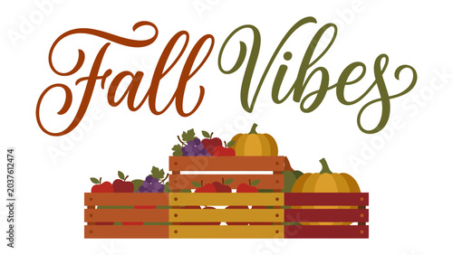 Canvas Print Autumn Harvest Vibes: A charming illustration capturing the essence of fall with Fall Vibes elegantly written, set above crates overflowing with a bountiful harvest of pumpkins, apples, and grapes
