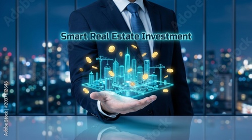 Businessman holding digital cityscape with smart real estate investment concept at night