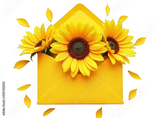 Yellow envelope with two blooming sunflowers and scattered yellow leaves isolated on transparent background, cut out, studio photography