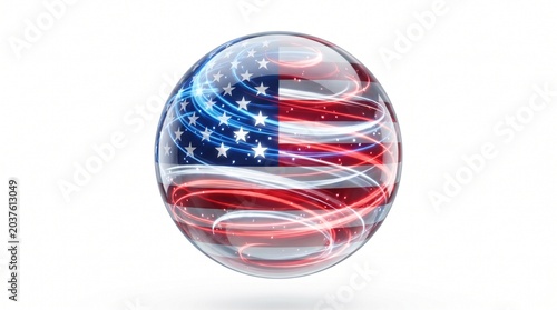 American flag design on a transparent glass sphere with red white and blue swirling patterns on a white background