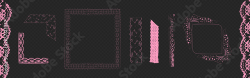 Coquette lace border, pink frame with vintage floral ornament, realistic vector design on transparent background. Decorative corner pattern for wedding cards, invitations, intricate crochet elements