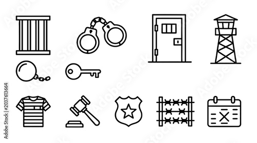 Slika na platnu Set of prison outline icons with handcuffs bars and watchtower