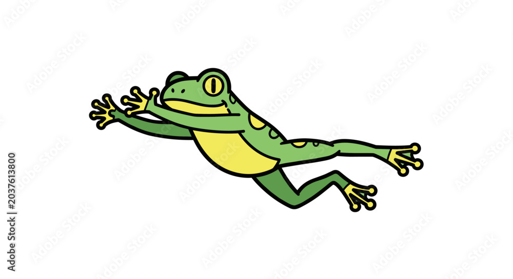 Fototapeta premium Swimming green and yellow frog with extended limbs