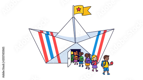 Foto Paper Boat Adventure: Children, with backpacks ready, board a giant paper boat decorated with red and blue stripes, embarking on an imaginative journey