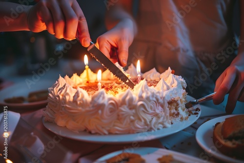 Cake celebration ,hands cutting birthday cake with candles, soft warm light, intimate party moment, no faces visible, focus on hands and cake, lifestyle stock photography