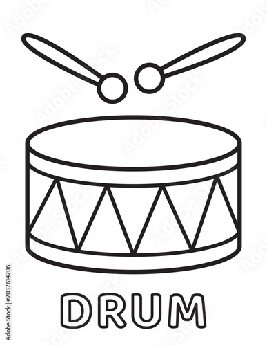 Simple drum with drumsticks black outline vector illustration for children education