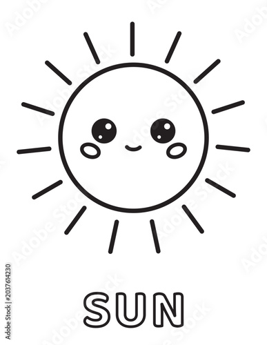 Cute smiling sun vector coloring page for kids with simple cartoon outline illustration