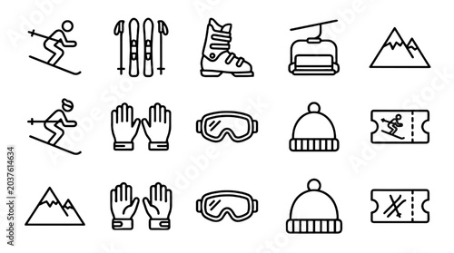Schilderij op canvas Set of skiing outline icons with gear, lift and mountain symbols