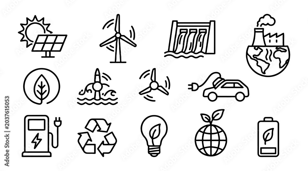 Fototapeta premium Outline icon set for renewable energy and environmental themes