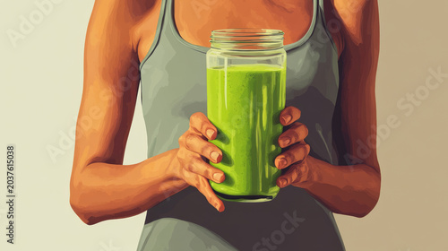 Woman Holding Fresh Smoothies in Glass Jar and Cup