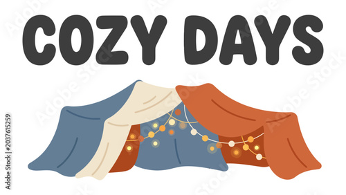 Canvastavla Cozy Days Tent Illustration: A whimsical illustration depicting a makeshift tent adorned with string lights, embodying the spirit of cozy days and indoor adventures
